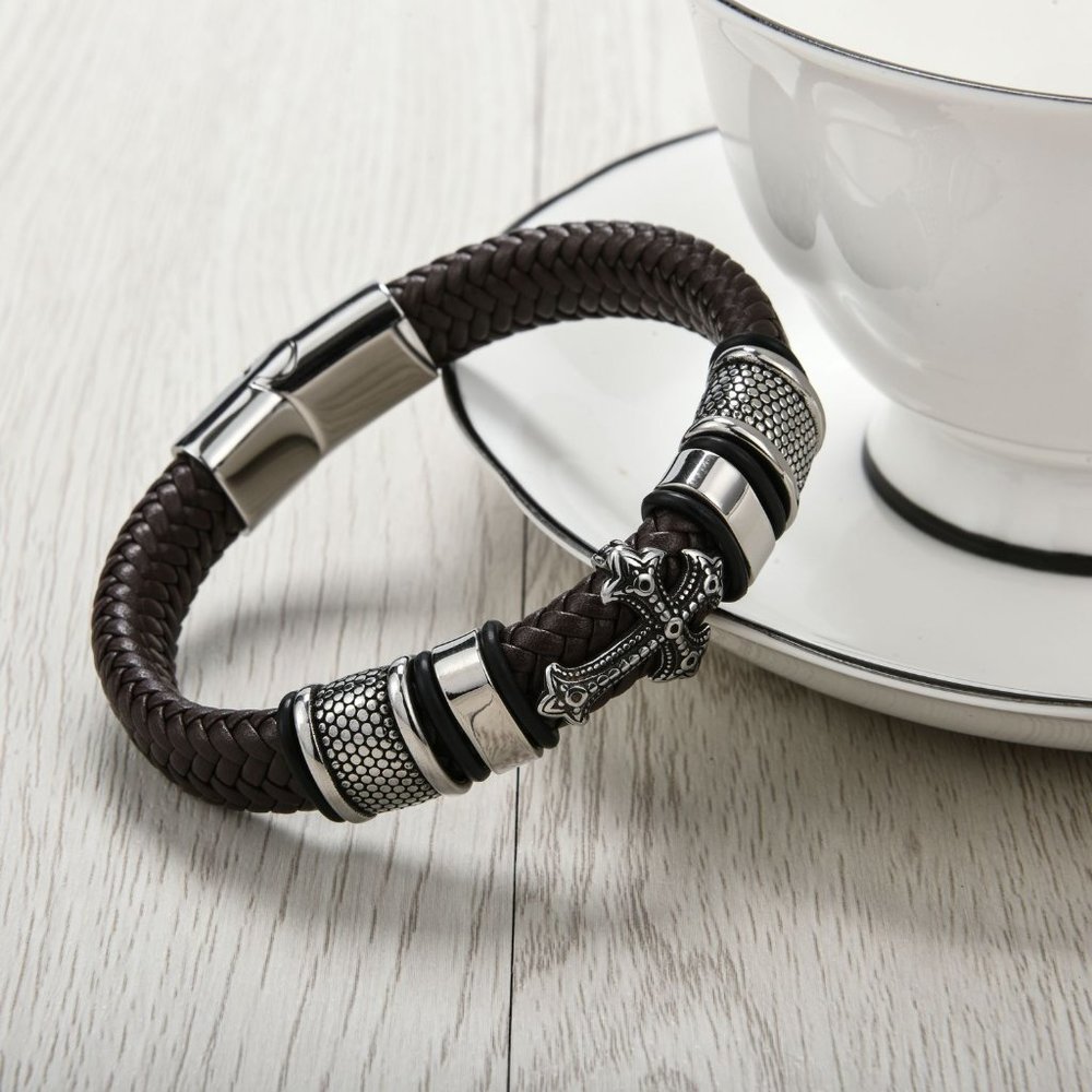 Men's cross leather bracelet bracelet